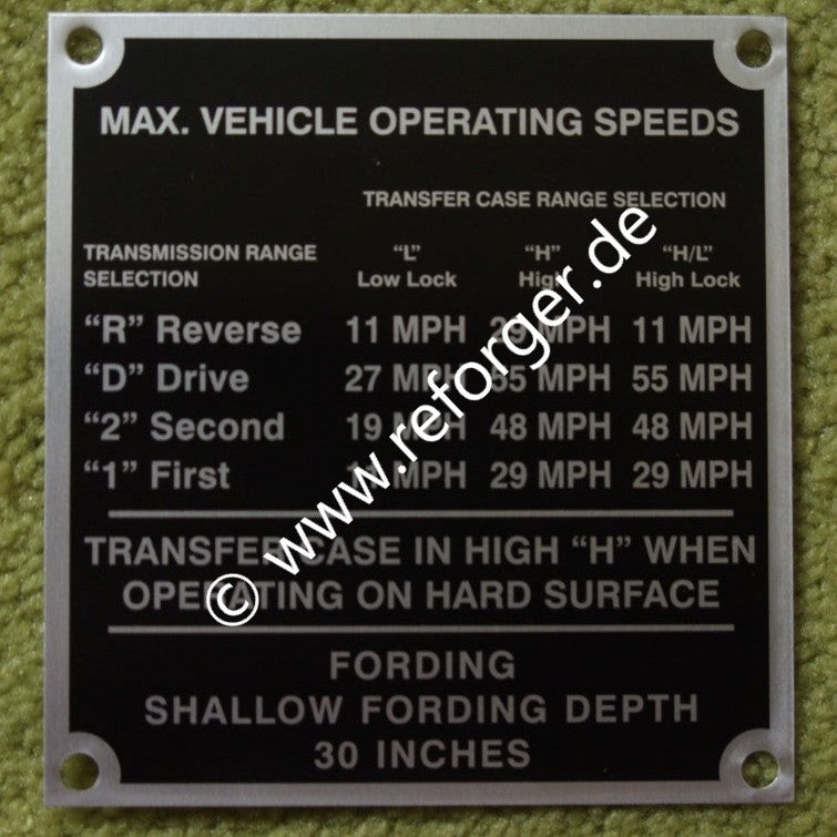 M998 Maximum Vehicle Speed Data Plate