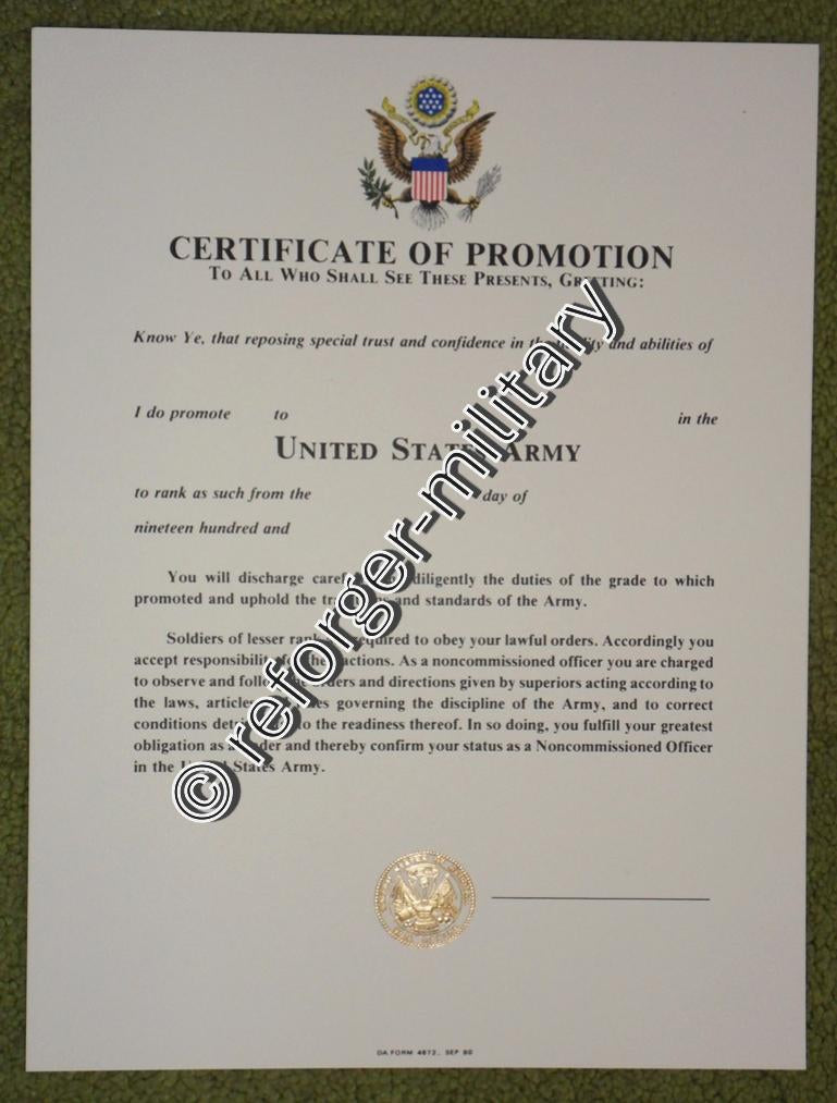 Urkunde zur Beförderung im US-Militärdienst – Certificate of Promotion