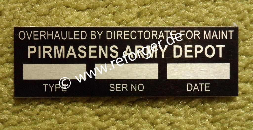 Data Plate des Pirmasens Army Depots mit Instandsetzungsdaten für HMMWV, Depot-Wartung