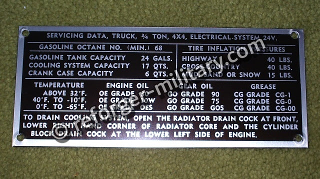 Dodge M37 (G741) Servicing Data Plate – Original Wartungsschild mit technischen Angaben für Army 3/4 Ton Truck