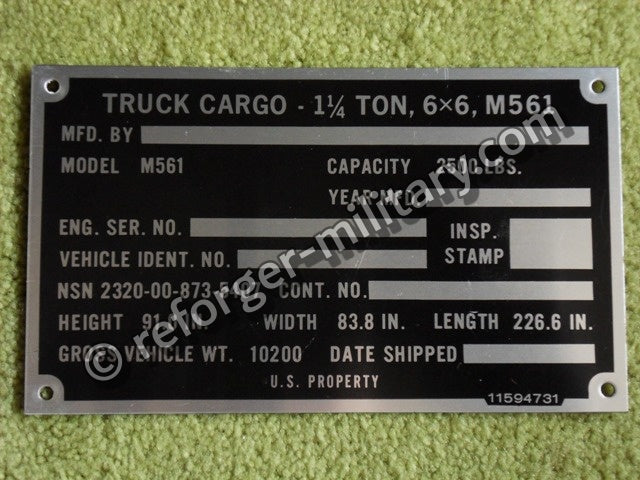 Gama Goat M561 (G874) 6x6 Tactical Truck Data Plate – Original Identification Plate Typenschild.