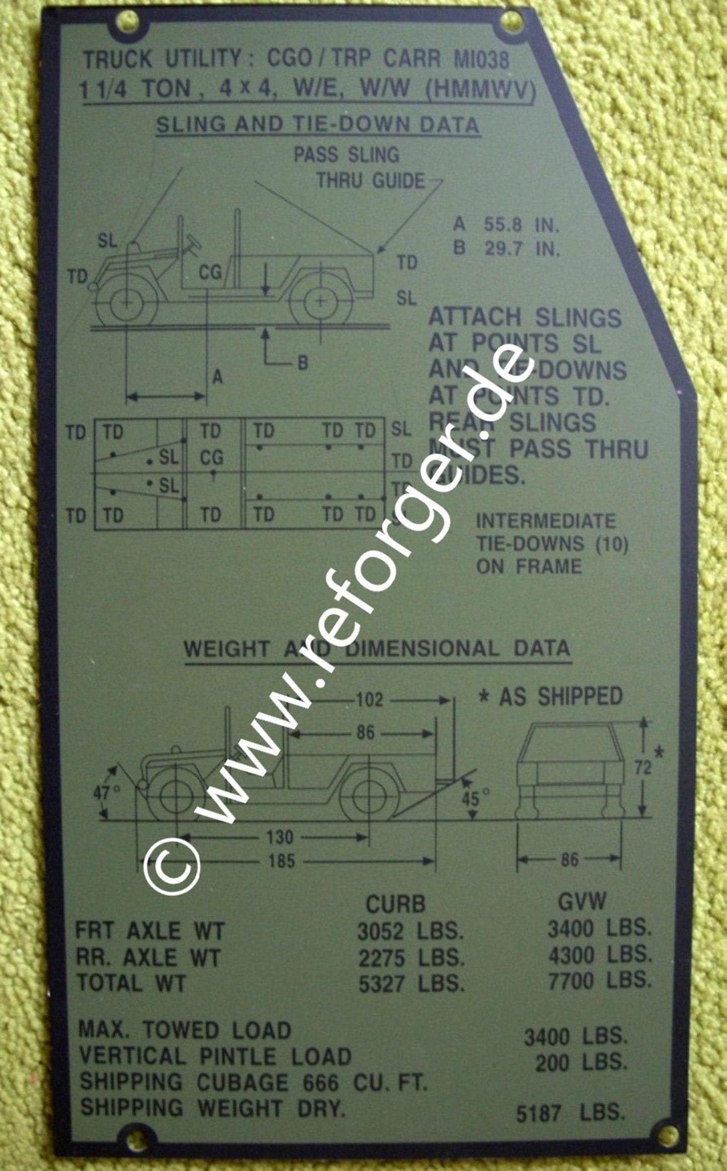 HMMWV M1038 Data Plate mit Angaben zur Fahrzeugbelastung
