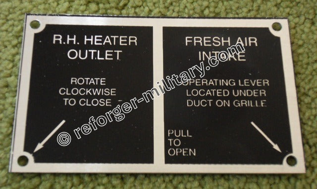 M998 Vehicle Heater Air Data Plate