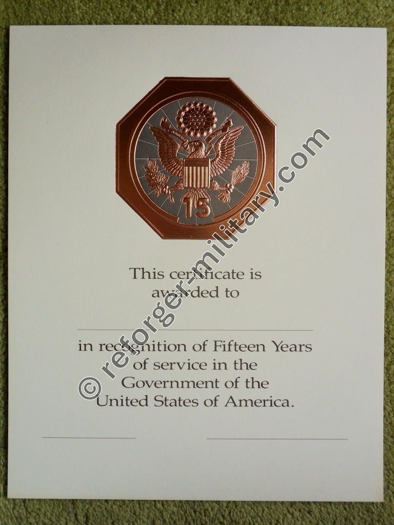 US-Militär-Urkunde für 15 Jahre Dienst in der Regierung der Vereinigten Staaten – Certificate in Recognition of Fifteen Years of Service
