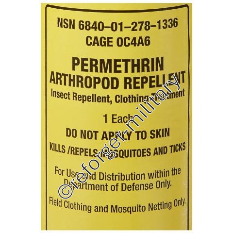Detailansicht US-Army Insektenspray: Anwendungshinweise für Textilien und Ausrüstung, langanhaltender Schutz gegen Zecken