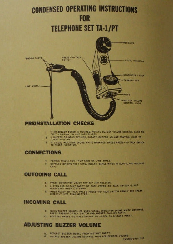 Manual U.S. Army Telephone TA-1 (TM 11-5805-243-12)