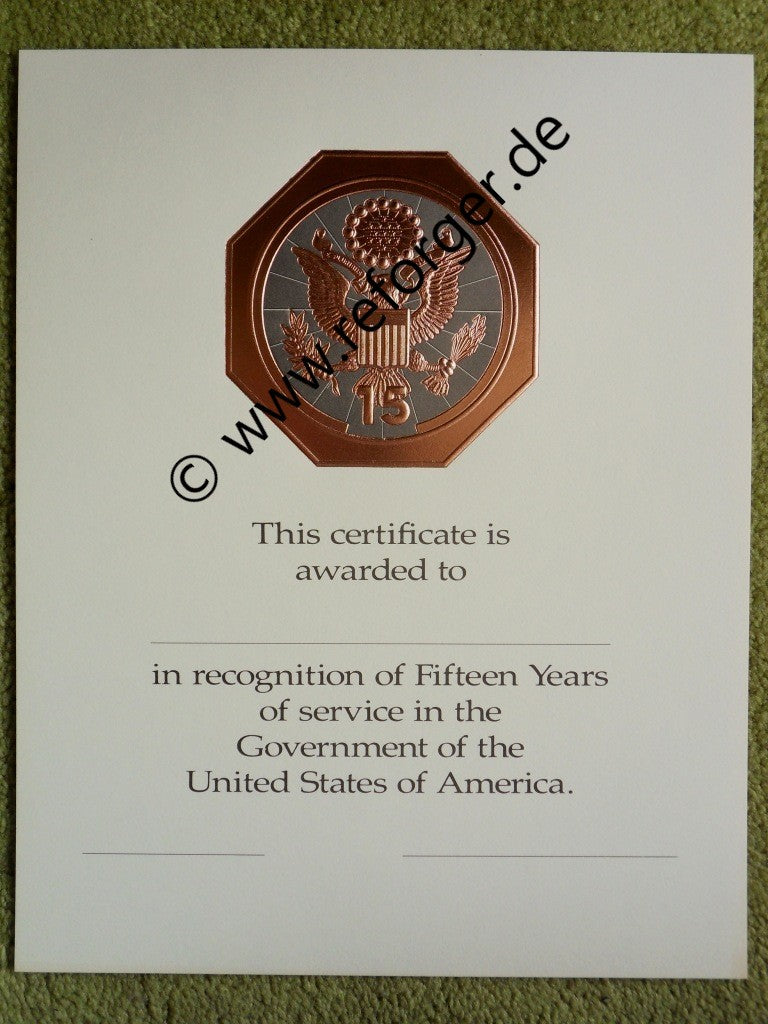 U.S. Government Career Award – Fifteen Years Of Service