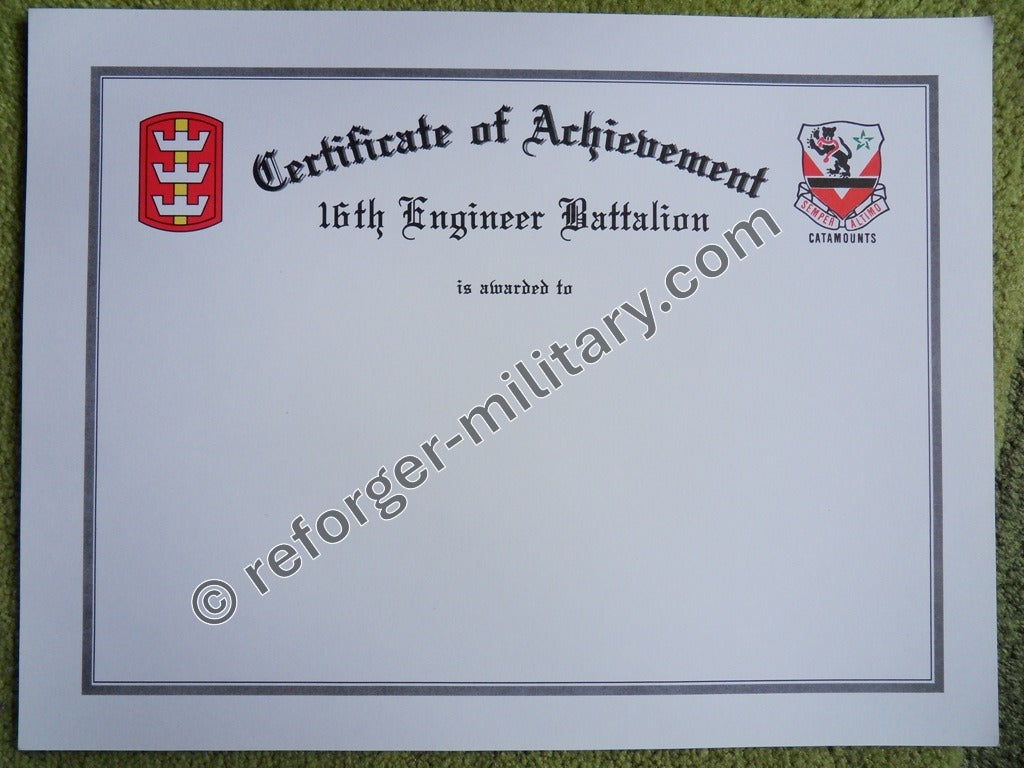 Urkunde des 16th Engineer Battalion – Certificate of Achievement.