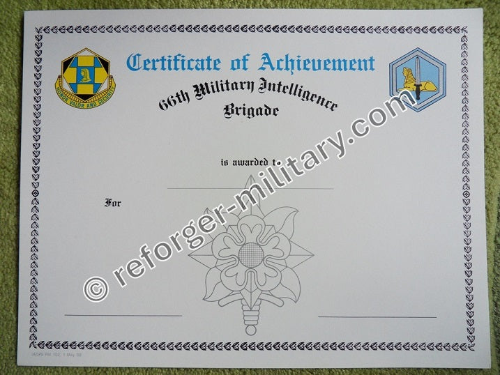 Urkunde der 66th Military Intelligence Brigade – Certificate of Achievement.