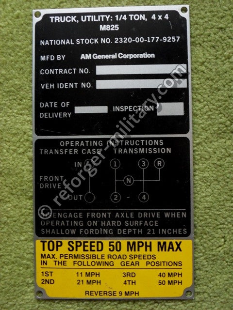 Original Ford MUTT M825 Data Plate – Identifizierungsschild für den M151 TOW-Raketenträger der US Army