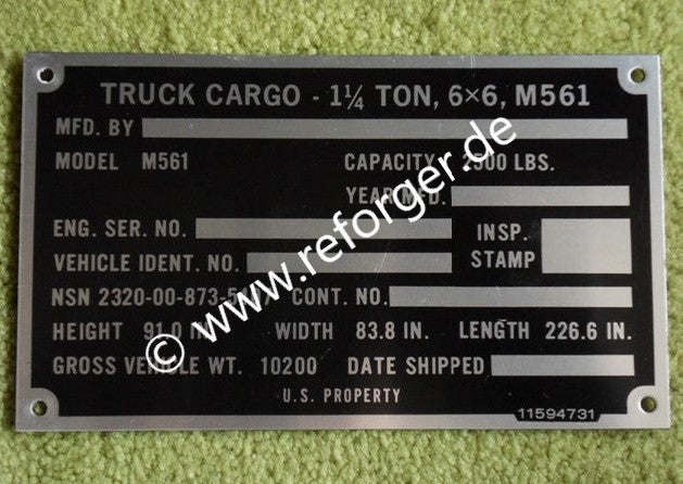 Gama Goat M561 Identification Plate, Typenschild