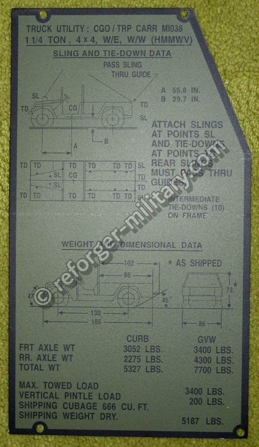 Original U.S. Army HMMWV M1038 weight and dimensional data plate.