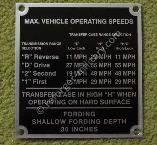 HMMWV M998 Data-Plate für Höchstgeschwindigkeiten je nach Getriebestufe (Transfer Case Range Selection).