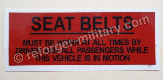 HMMWV M998 Seat Belts Warning Sticker