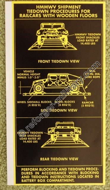 Aufkleber "Shipment and Tiedown Procedures" für US Militärfahrzeug HMMWV M998