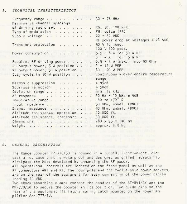 Technische Datenblatt mit Betriebsanleitung (Manual) des PP-770 Power Amplifier Range Booster HF-Verstärker Technical Characteristics