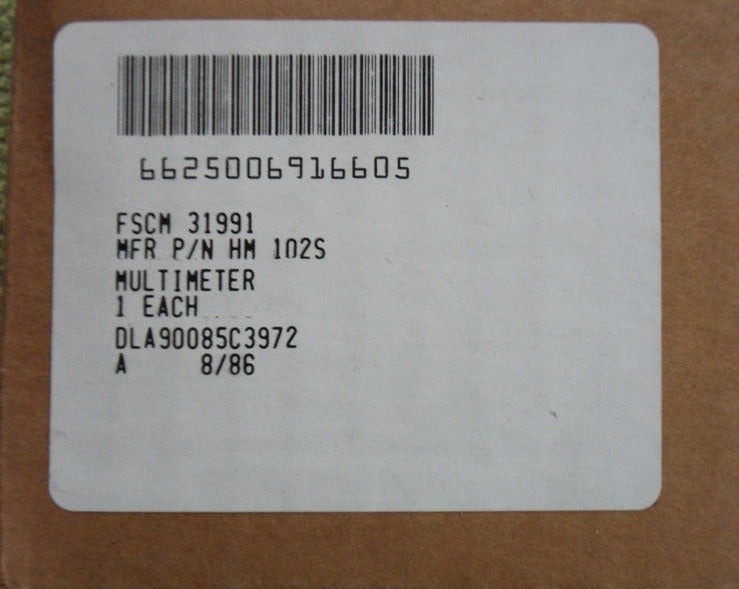 Originalverpackung Soltec HM-102S – NOS Multimeter mit Label-ID und NSN Spezifikationen.
