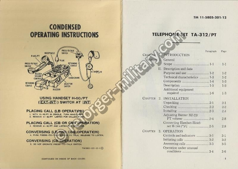 Detailansicht der technischen Daten und Kurzanleitung (Condensed Instructions) enthalten im TA-312/PT Technical Manual.