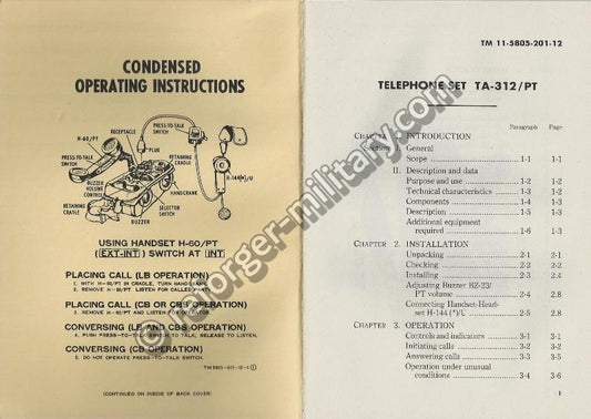 Detailansicht der technischen Daten und Kurzanleitung (Condensed Instructions) enthalten im TA-312/PT Technical Manual.
