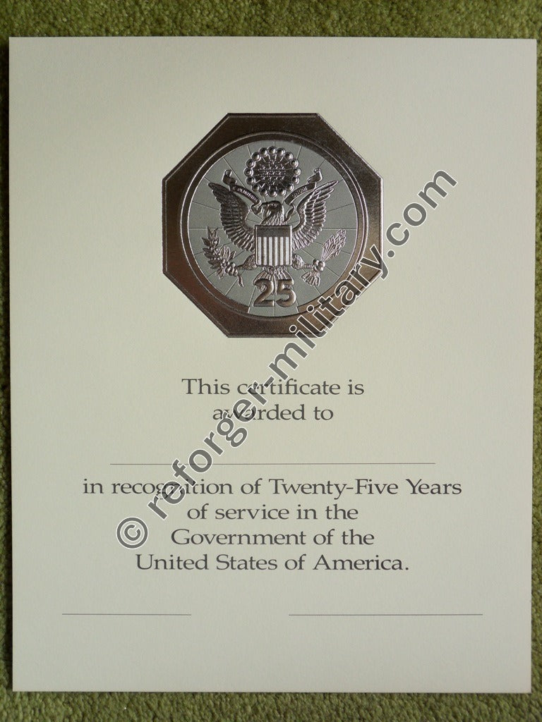 US-Militär Urkunde für 25 Jahre Dienst in der Regierung der Vereinigten Staaten – Certificate in Recognition of Twenty-Five-Years of Service