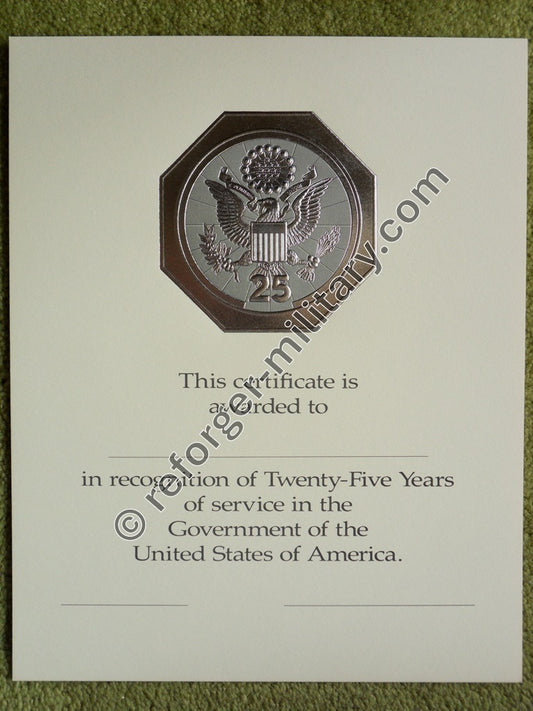 US-Militär Urkunde für 25 Jahre Dienst in der Regierung der Vereinigten Staaten – Certificate in Recognition of Twenty-Five-Years of Service