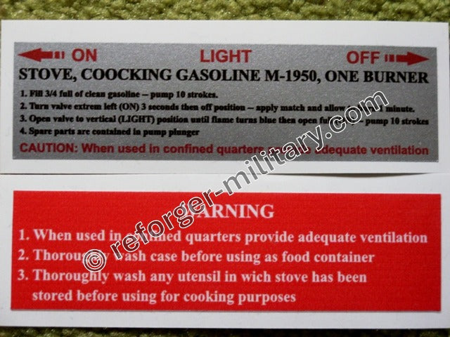 Aukleber für US-Benzinkocher M-1950 mit Anleitung zur sicheren Bedienung und Nutzung im Feld