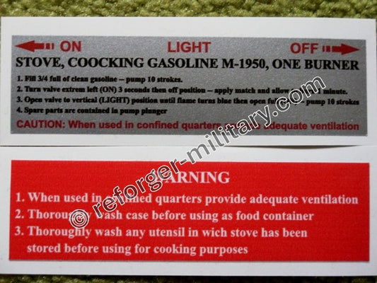 Aukleber für US-Benzinkocher M-1950 mit Anleitung zur sicheren Bedienung und Nutzung im Feld