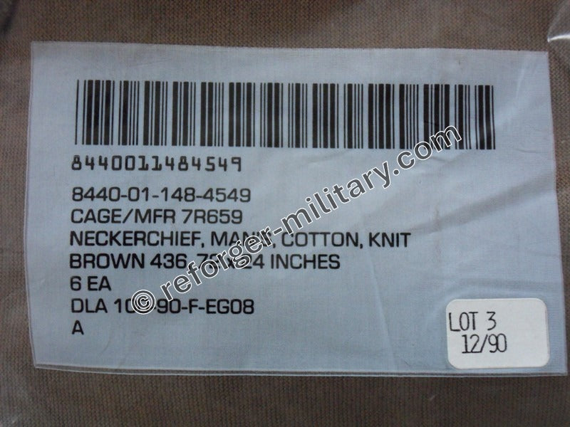 US‑Army Neckerchief in Tropentarn Braun in Originalverpackung mit sichtbarer Hersteller‑Typenbezeichnung