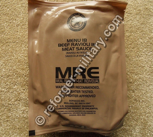 Original US Military MRE Ration Menu 18 Beef Ravioli, Inspection Date 2028, Survival Verpflegung.