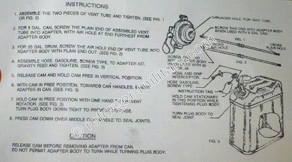 Beschreibung oder Anleitung des US Army Zeltofen Jerry Can Gravity Fill Adapters