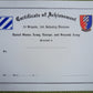 Certificate of Achievement, US Army 3rd Infantry Division
