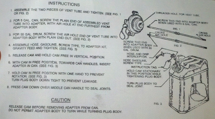 Beigefügte Beschreibung oder Anleitung des US Armee Zeltofen Jerry Can Gravity Fill Adapters – zeigt die Handlungsanweisungen